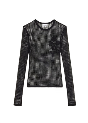 Mercerized cotton mesh pointelle longsleeve bluse Black A1070231 Ganni 